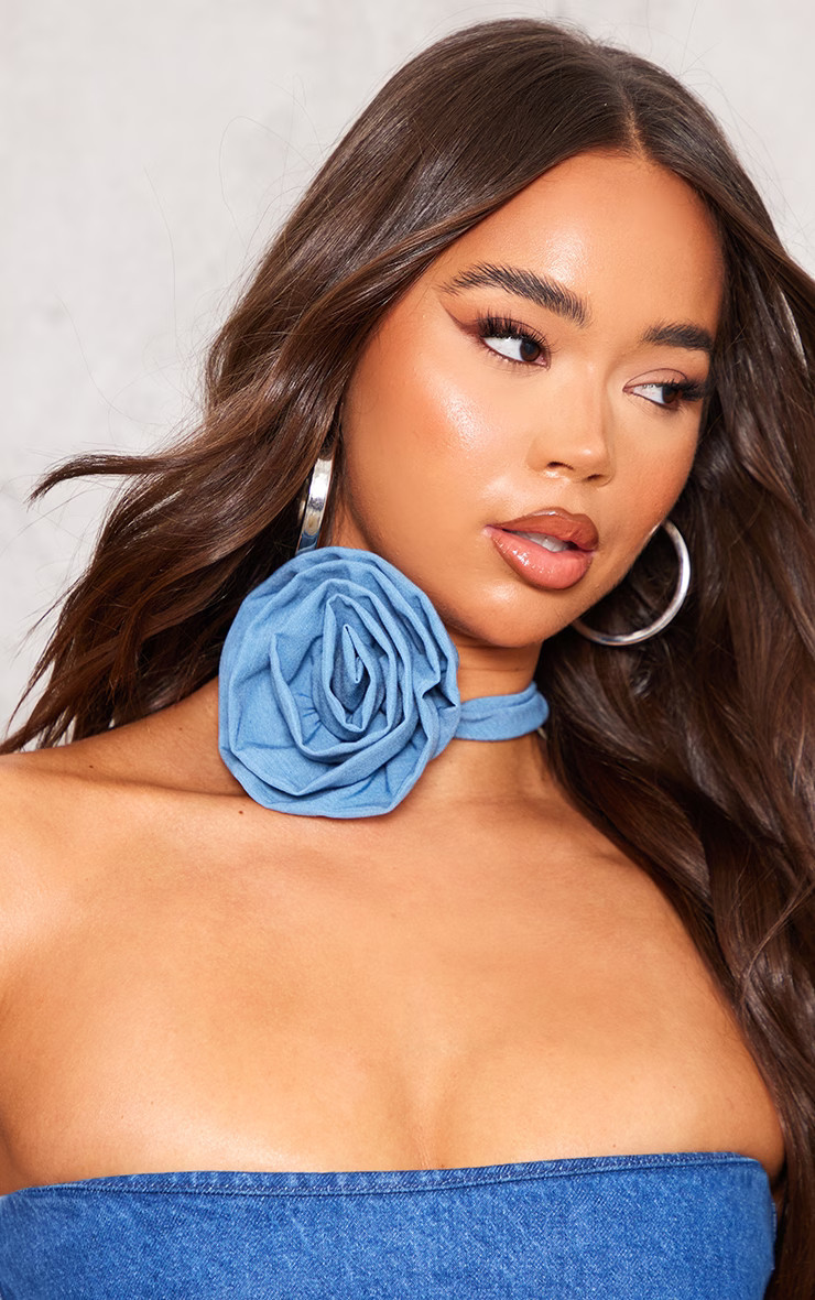 Denim Flower Tie Neck Corsage | PrettyLittleThing UK