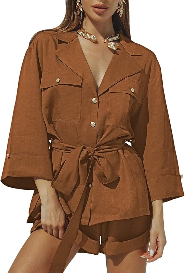 Linsery 2 Piece Linen Outfits Button Shirt Top and Mini Shorts Summer Sweatsuit Set | Amazon (US)