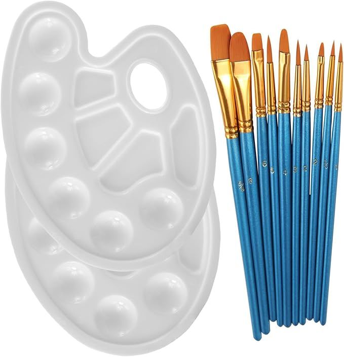 Heartybay 10Pieces Round Pointed Tip Nylon Hair Brush Set with 2 Piece Paint Tray Palette | Amazon (US)