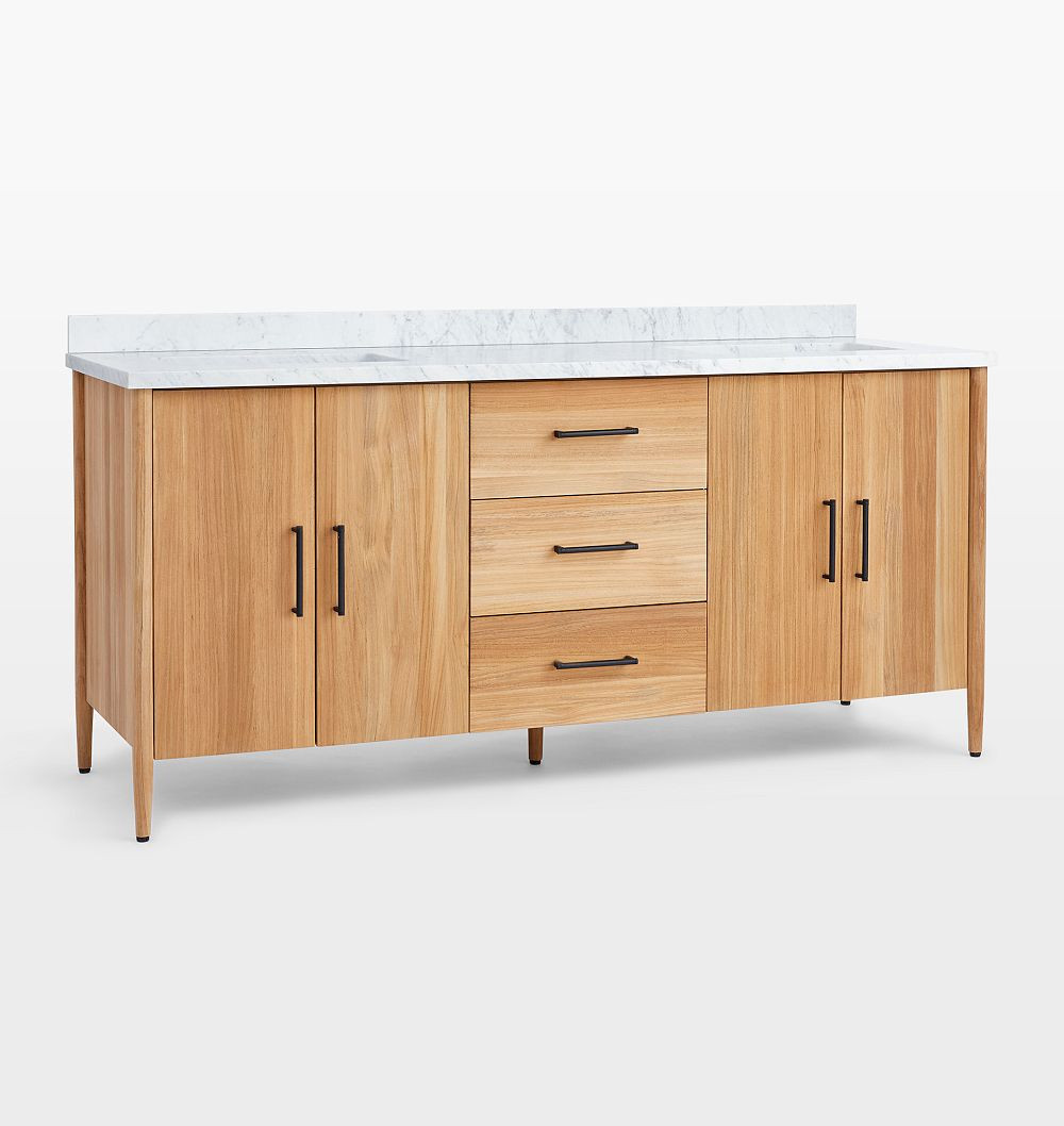 Shaw 72"" Teak Double Vanity , 72"" - Carrara Marble - West Slope 6"" - Oil-Rubbed Bronze | Rejuvenation