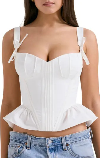 HOUSE OF CB Gigou Bow Strap Peplum Corset Top | Nordstrom | Nordstrom