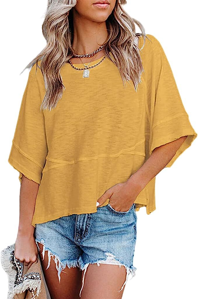 Sovelen Women's Summer Casual Crewneck Batwing Half Sleeve T-Shirts Solid Color Loose Fit Cute Ba... | Amazon (US)