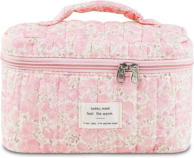 Makeup Bag, Floral Quilted Cosmetic Bag, Large Travel Aesthetic Make up Bag, Cute Coquette Toilet... | Amazon (US)