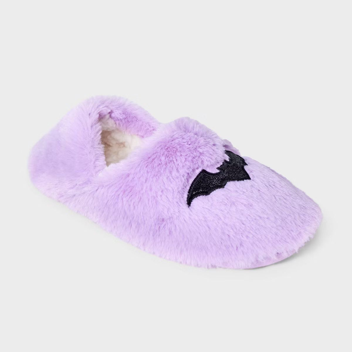 Women's Bat Glitter Embroidered Halloween Faux Fur Pull-On Slipper Socks with Grippers - Hyde & E... | Target