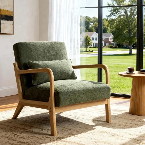 OTONIPU Mid Century Modern Accent Chair with Wood Frame and Lumbar Pillow, Green Armchair for Liv... | Walmart (US)