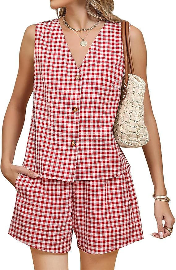 PEHMEA 2 Piece Sets for Women Summer Outfits 2025 Sleeveless V-Neck Gingham Vest and Shorts for B... | Amazon (US)