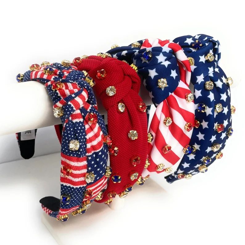 American Jeweled Headband, Patriotic Knotted Headband, Star Knotted Headband, American Flag Hair ... | Etsy (US)