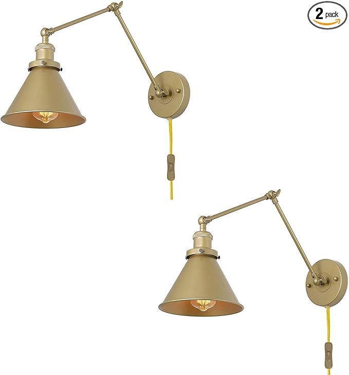 LNC Gold Wall Sconces, Swing Arm Wall Lamp Adjustable Plug-in or Hardwire Light Fixture, 2 Pack | Amazon (US)