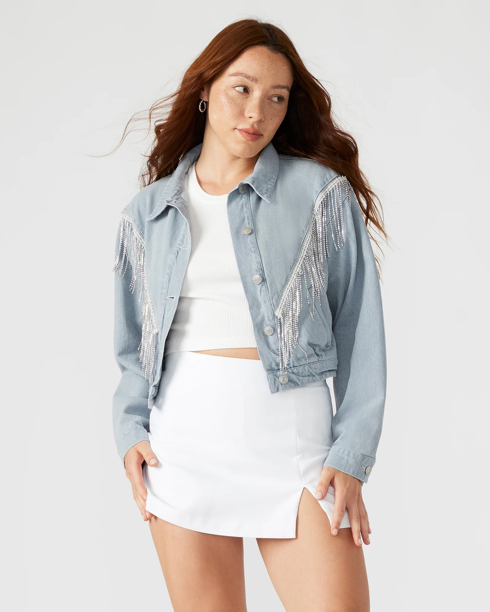 CANYON Denim Jacket | Women's Rhinestone Fringe Jacket | Steve Madden (US)