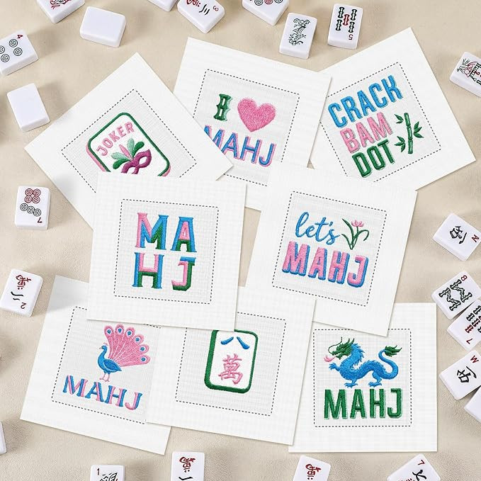 8 Pack Mahjong Embroidered Cocktail Napkins, 6x6 Inch Linen Cotton Fabric Mah Jong Gifts Reusable... | Amazon (US)
