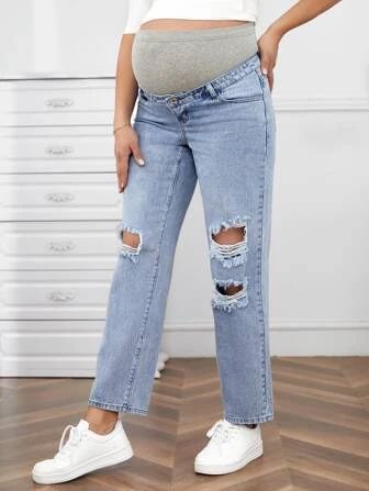 SHEIN Maternity Cut Out Ripped Frayed Wideband Waist Jeans | SHEIN