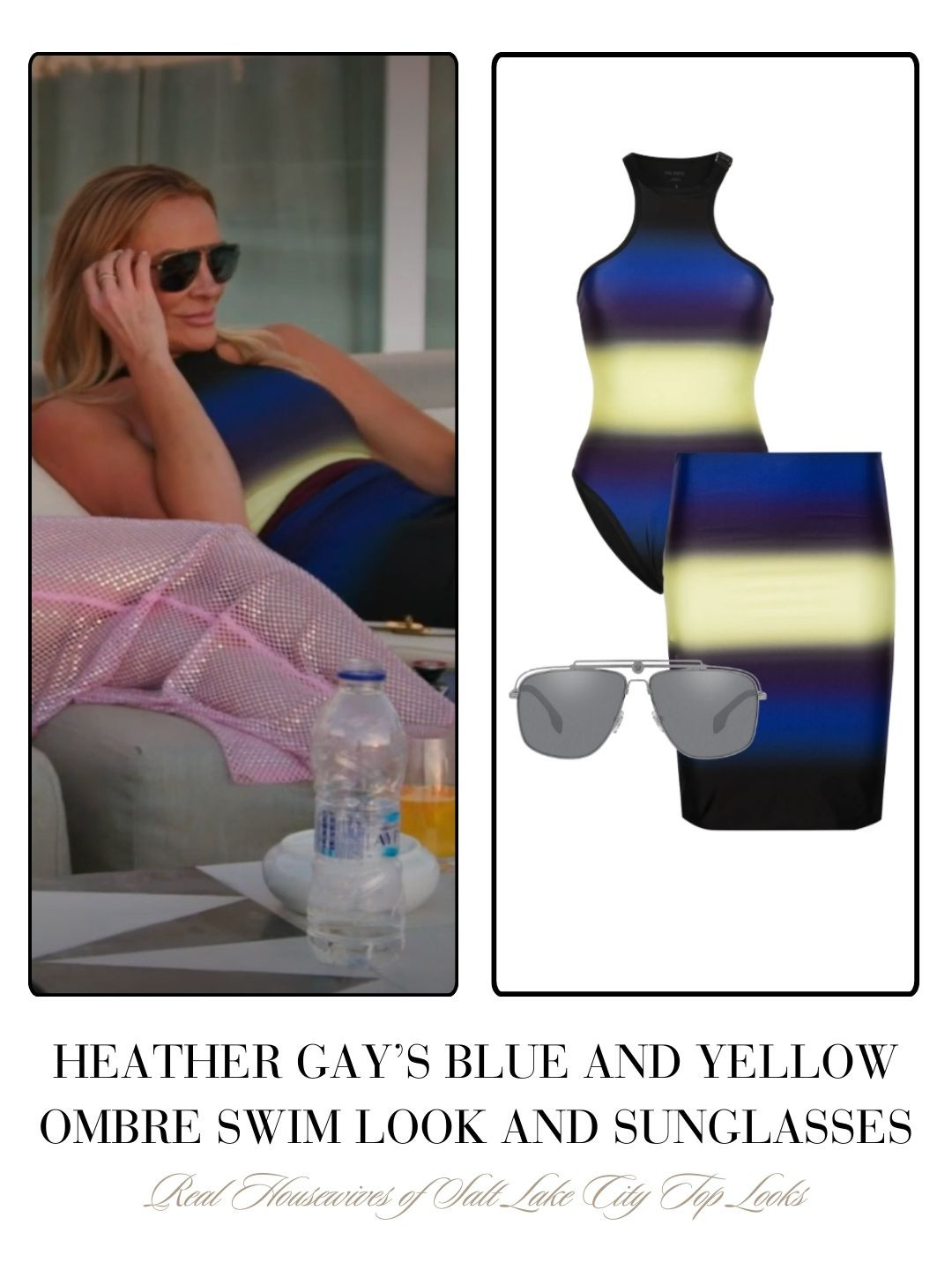 Heather Gay's Silver Aviator Sunglasses, Blue and Yellow Ombre Bathing Suit and Cover Up Skirt in Greece 

 
