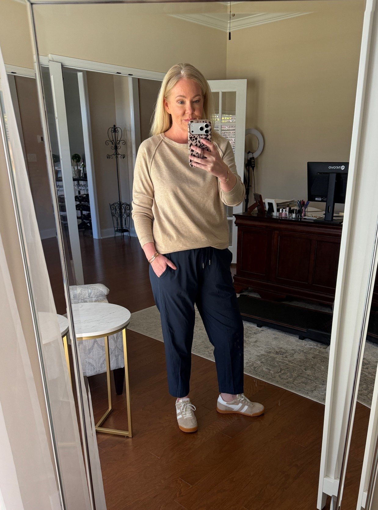 Older Cabi sweater S (linked similar)
I have these pants in four colors now and love them. Size M. Ankle length on me I’m 5’5”. 

#LTKOver40 #LTKStyleTip #LTKActive