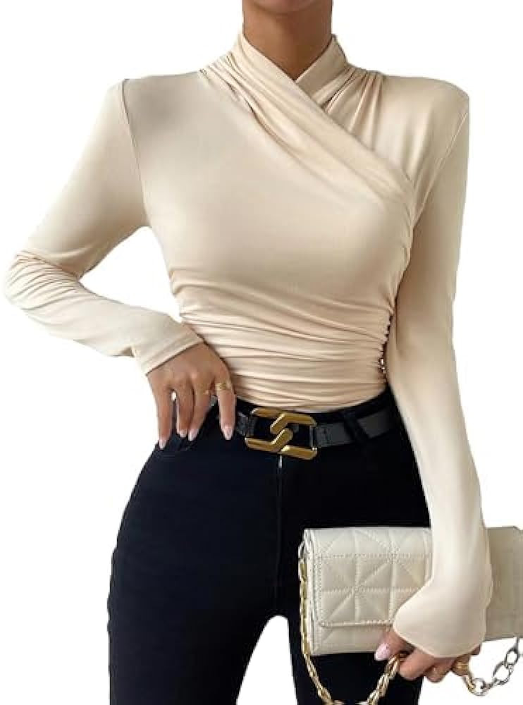 SweatyRocks Women's Ruched Mock Neck Long Sleeve T Shirt Solid Slim Fitted Tee Tops | Amazon (US)