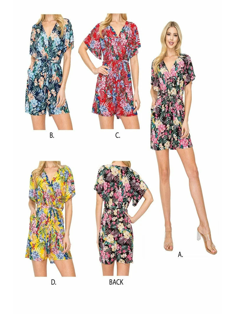 Women's Short-Sleeve Floral Print Wrap Romper with Elastic Waist | Walmart (US)