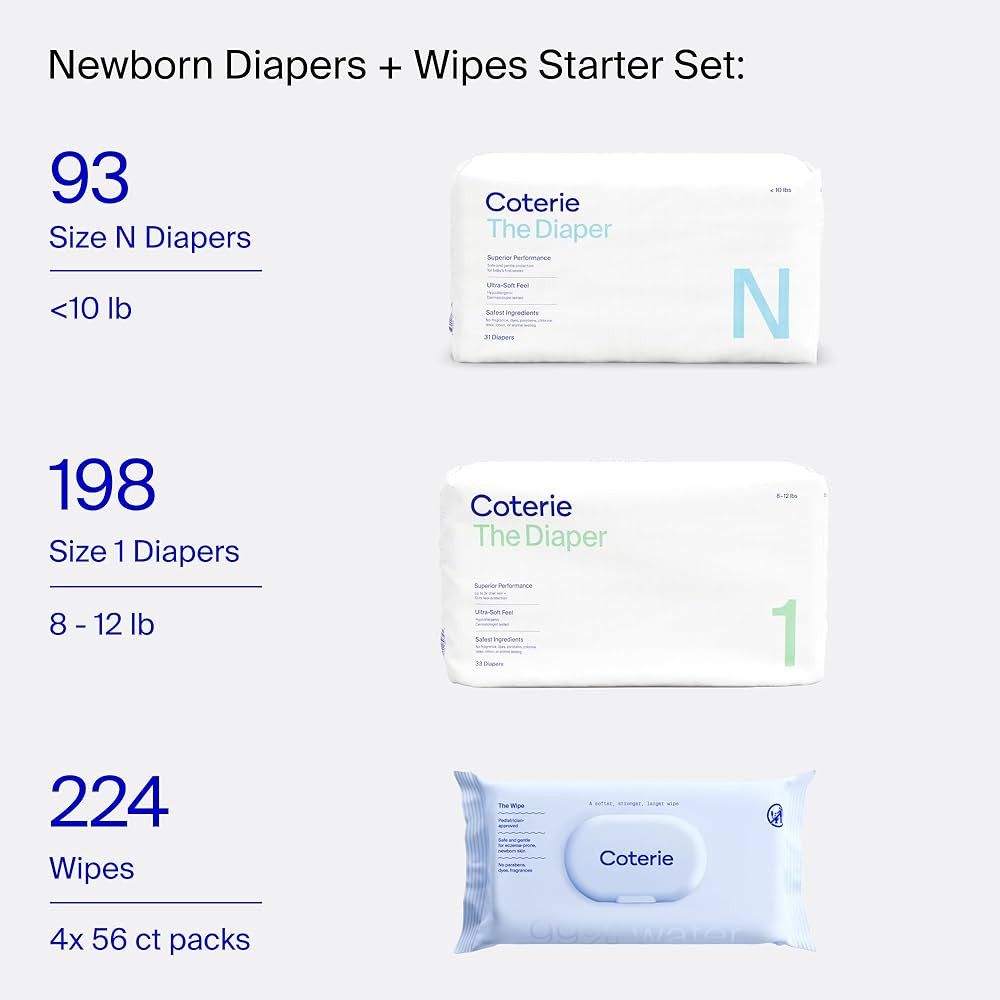 Coterie Newborn Diapers + Wipes Baby Kit, Size NB (3 Packs) + Size 01 (6 Packs) = 291 Diapers, Wi... | Amazon (US)