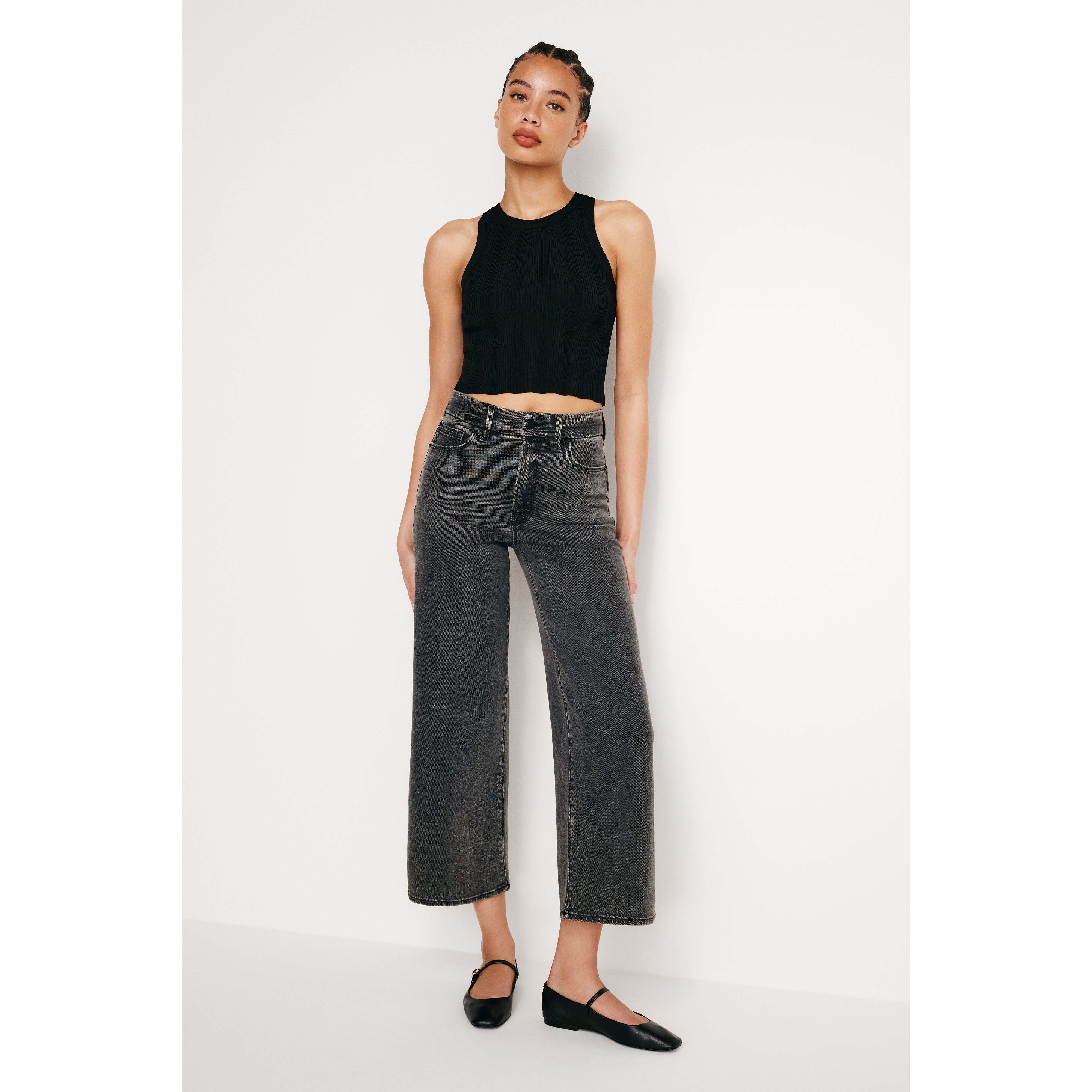 Women's Good Waist Cropped Palazzo Jeans | Flat Tummy Tech, Gap-Proof Waistband | Black, 329 Size 00 | Good American by Khlo� K | Good American