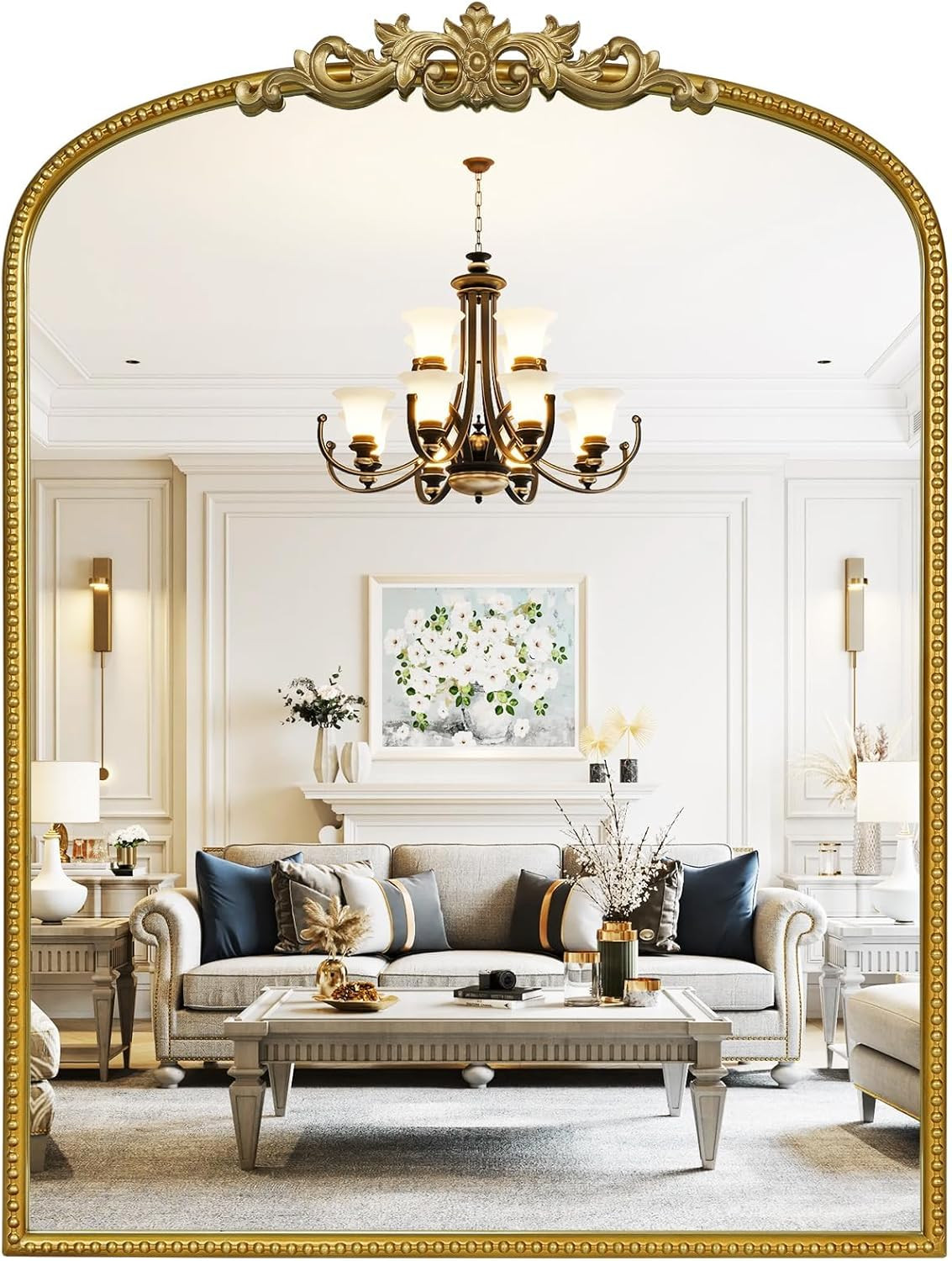 Gold Vintage Mirror for Vanity 24x32 Inch, Gold Antique Mirror with Ornate Frame, Arched Vintage Wall for Bathroom, Living Room, Fireplace, Entryway | Amazon (US)