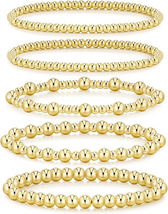 Gold Bracelets for Women, 14K Gold Plated Beaded Bracelets Gold Strand Bead Ball Bracelet Stack S... | Amazon (US)