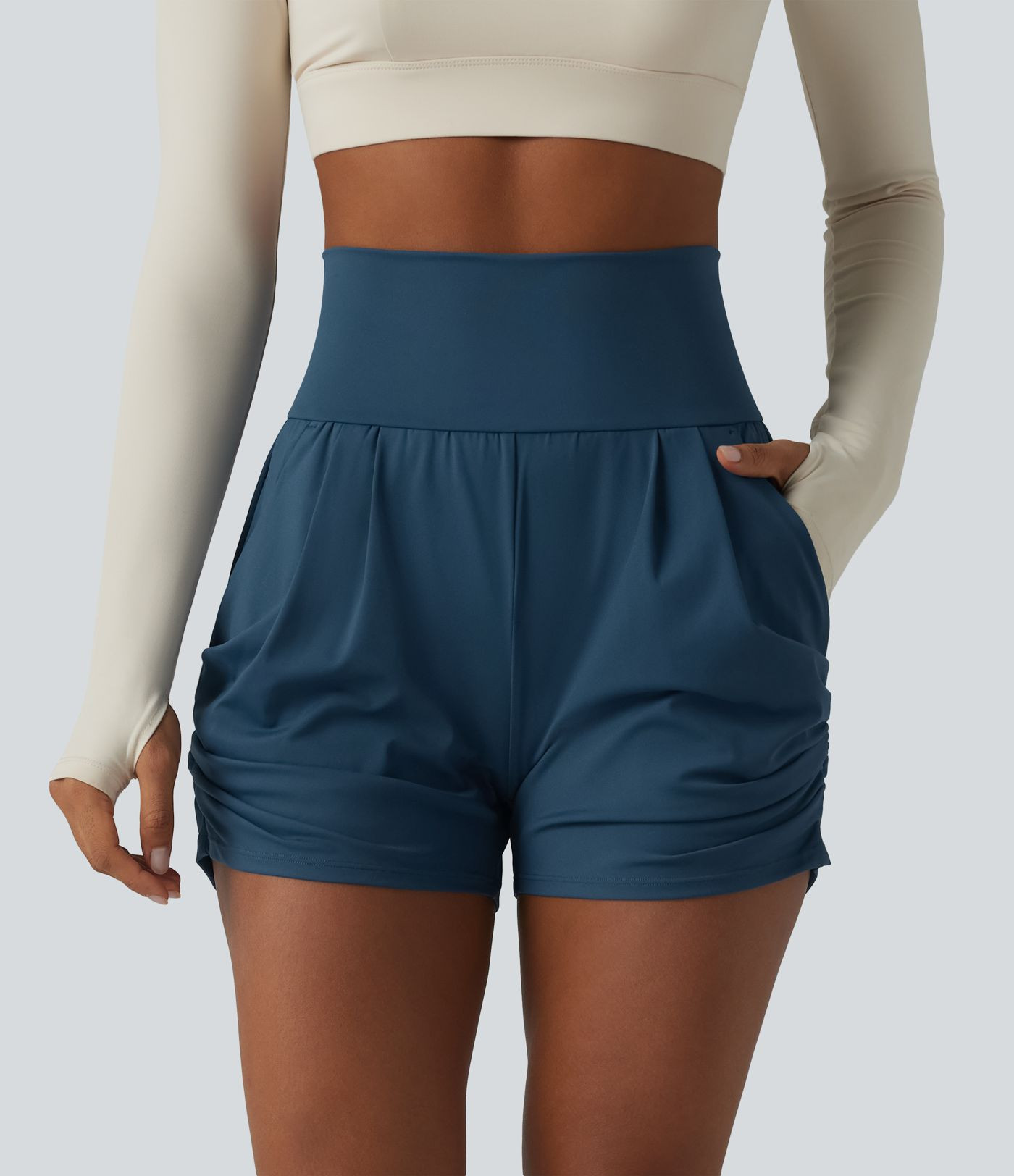 SoftlyZero\u2122 Airy High Waisted Ruched InstantCool Yoga Shorts 3'' with Pockets | HALARA