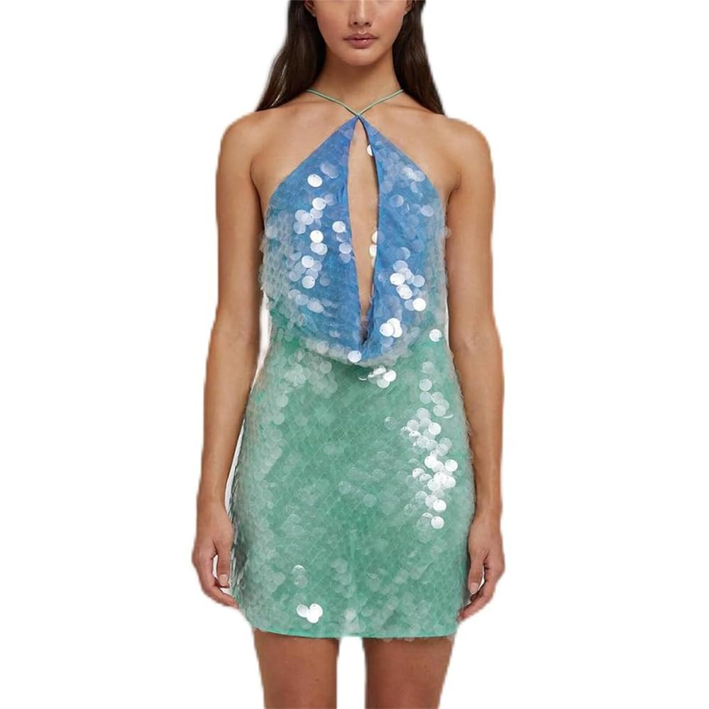 Women Y2K Sequin Beaded Halter Dress Sexy Sparkly Embellished Rhinestone Mini Dress Glitter Backl... | Amazon (US)