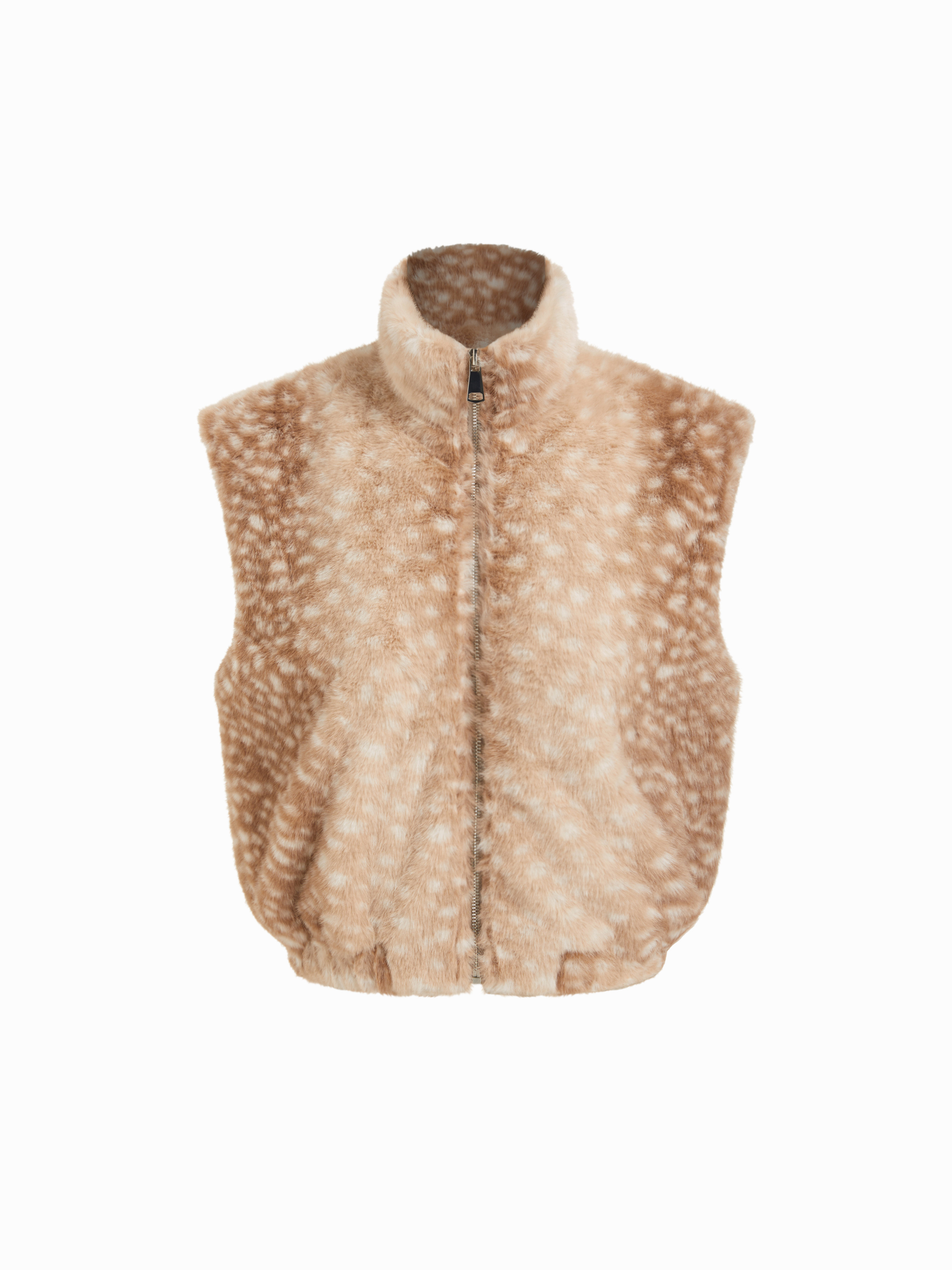 Faux Fur Deer Print Faux Fur Funnel Neck Zip Through Jacket Vest For Daily Casual | Cider