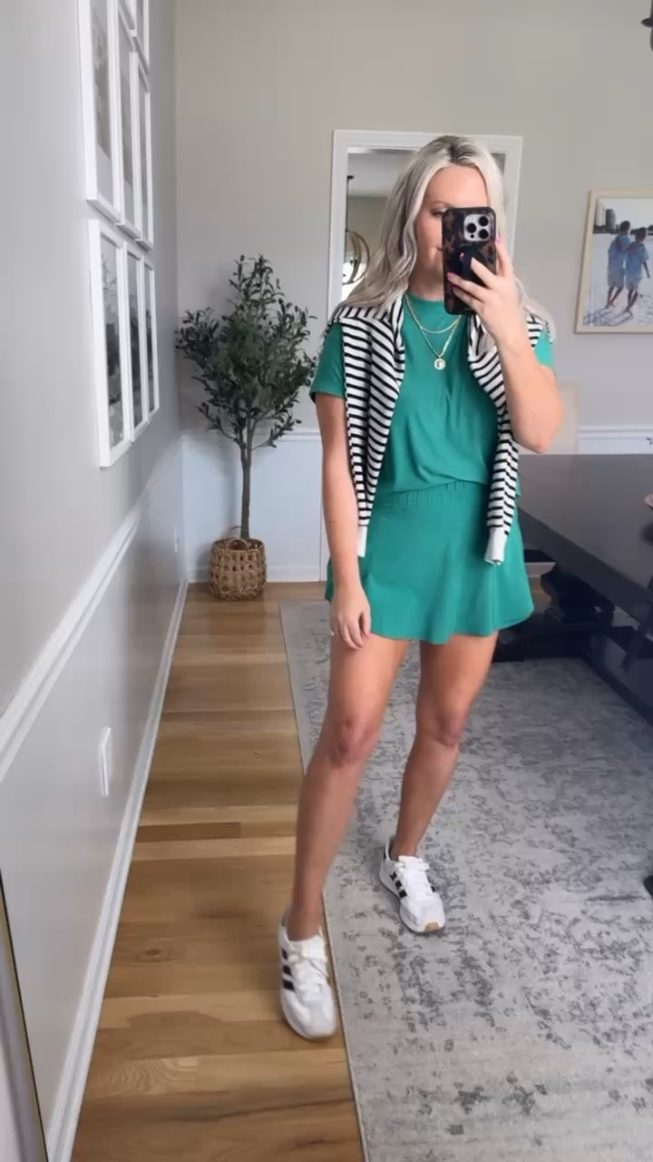 Such a fun, elevated casual look. The green set is lightweight and easy, and adding the striped sweater over the shoulders gives it that effortlessly styled feel. Perfect for running around or grabbing lunch but still looking put together.

green matching set casual outfit elevated casual style summer outfit ideas athleisure look easy everyday outfit sporty chic outfit effortless style lovelylifestyling 

#LTKMothersDay #LTKSeasonal #LTKootd