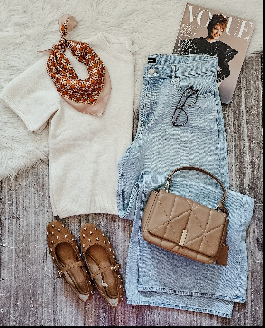 Casual, polished pre-fall outfit. Weekend casual, wide leg jeans, shoet sleeve swester, silk scarf outfit. 

#LTKStyleTip #LTKShoeCrush #LTKSeasonal
