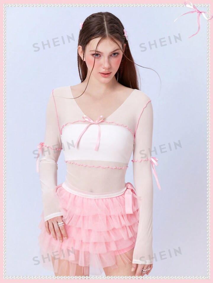 SHEINNeu Balletcore Coquette Summer Pink Bow Lettuce Trim Sheer Long Sleeve Women T-Shirt  Summer... | SHEIN