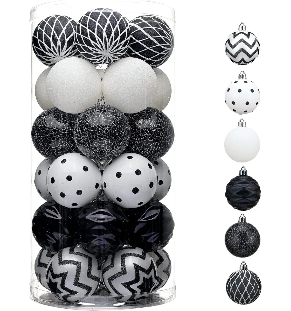 Valery Madelyn Christmas Ornaments Tree Decorations, 30ct Black and White Shatterproof Christmas ... | Wayfair North America
