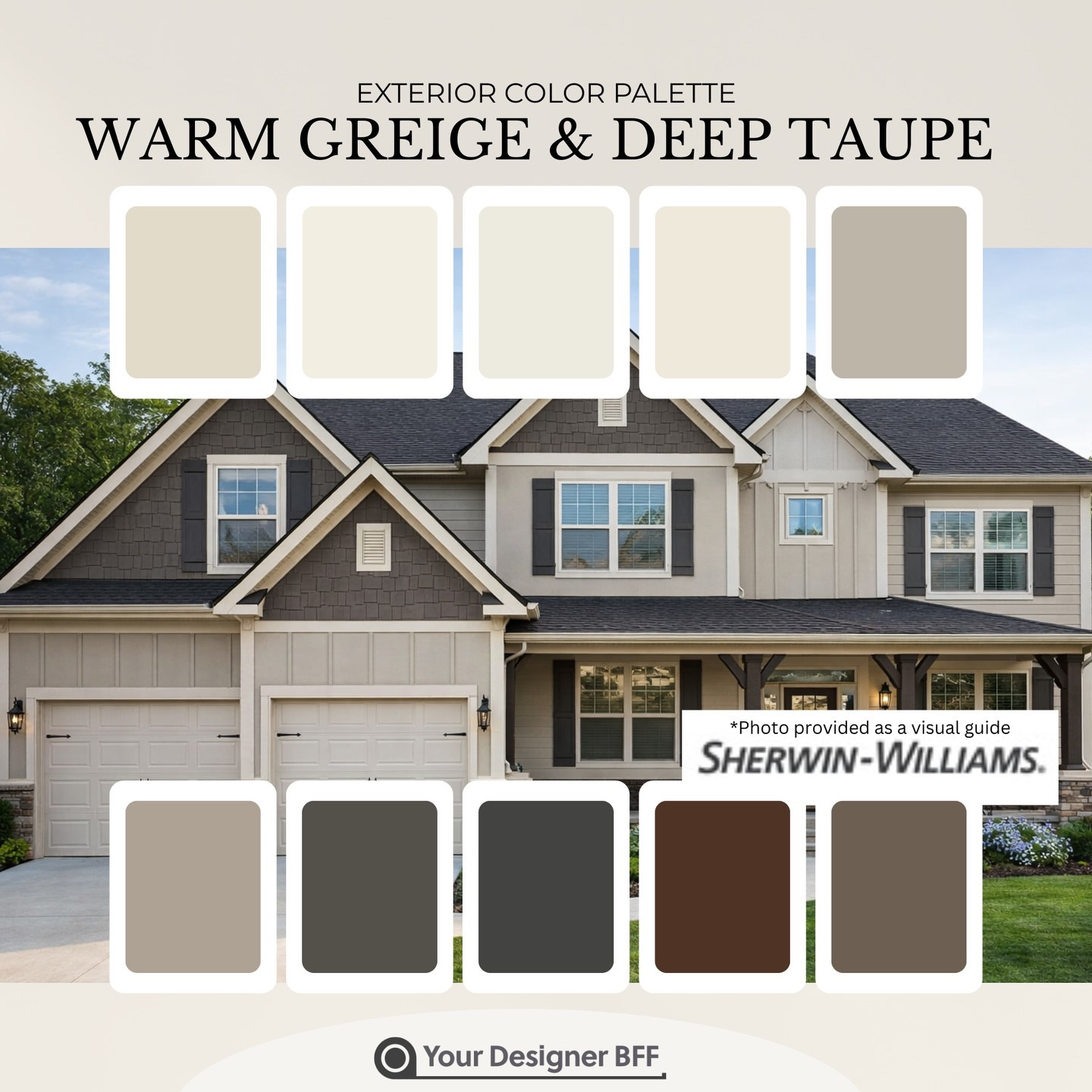 Choosing exterior colors shouldn’t feel like a guessing game—but for most people, it does.

That’s exactly why I created this warm greige & deep taupe palette.

It’s a pre-made Sherwin-Williams palette designed to give you a cohesive, high-end look without the stress of trying to match everything yourself. Every color is chosen to work together—from siding to trim to accents—so your home feels intentional and elevated, not pieced together.

If you love warm, timeless exteriors (and want something softer than stark black and white), this palette does the work for you.

You can shop this palette in my Etsy store, and if you’re in Charlotte and want a fully customized plan for your home, I also offer exterior design consultations.

#paintpalette #exteriorpaintcolors #sherwinwilliamscolors #homedesignideas #curbappeal