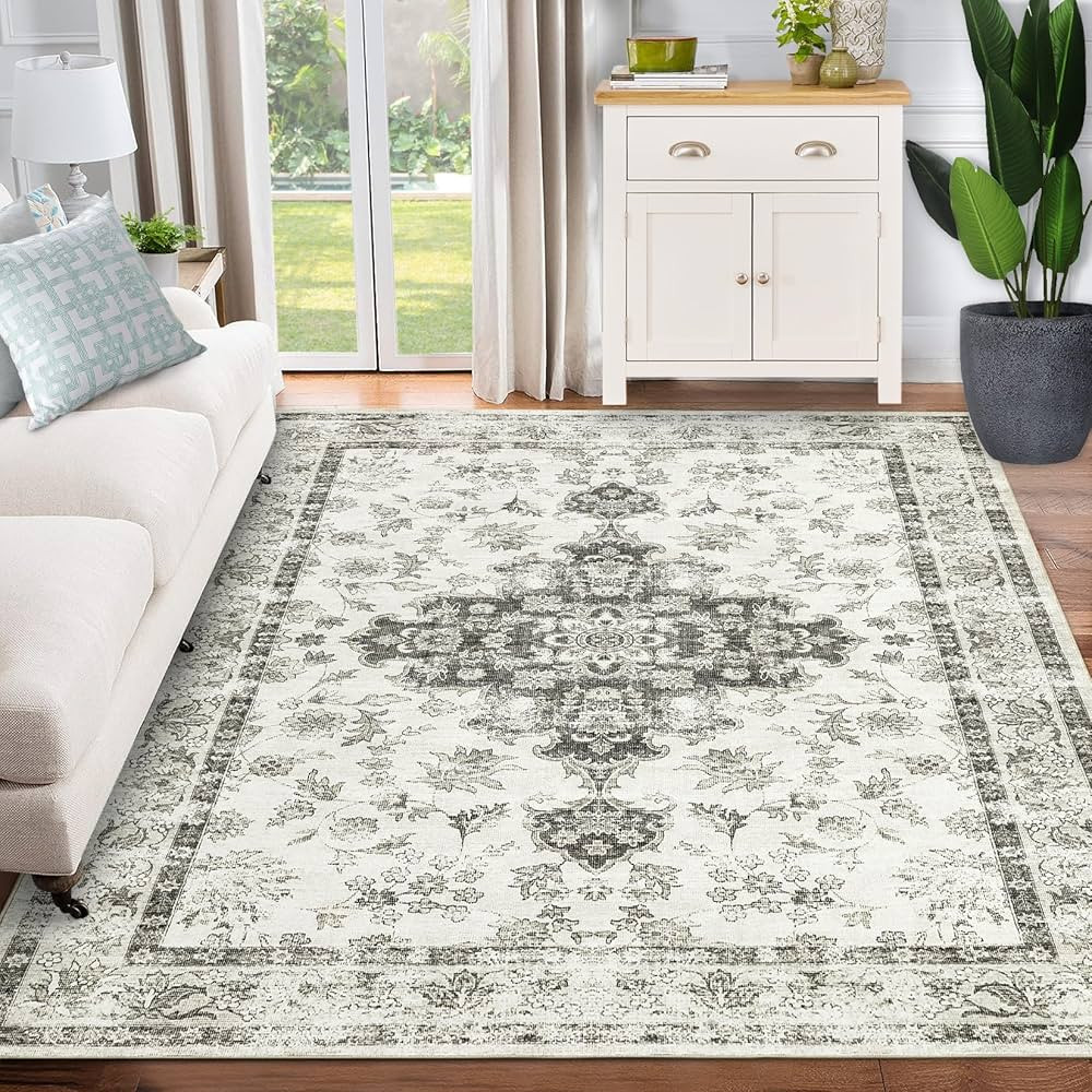 Washable Oriental Medallion Printed Area Rug, Traditional Low Profile Pile Rubber Backing Indoor ... | Amazon (US)