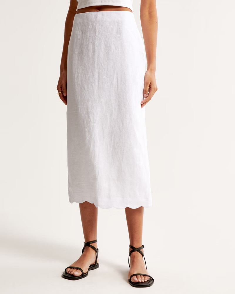 Premium Linen Scallop-Hem Midi Skirt | Abercrombie & Fitch (US)
