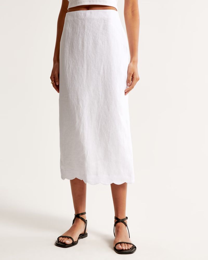 Premium Linen Scallop-Hem Midi Skirt | Abercrombie & Fitch (UK)