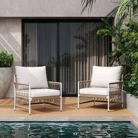 Christopher Knight Home Boho Outdoor Lounge Chairs with Handwoven Rope, Steel Frame, Beige and Natural, Set of 2 | Walmart (US)