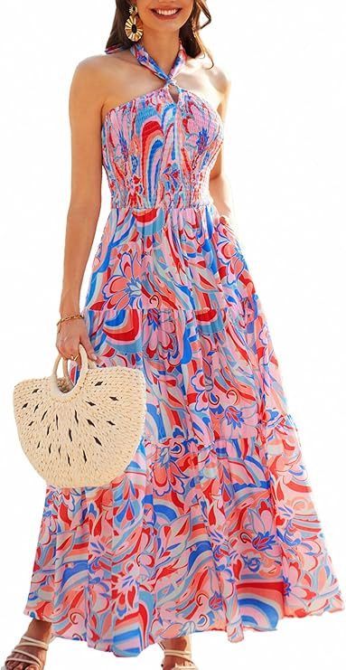 GRACE KARIN Women's Summer Dresses 2024 Halter Neck Sleeveless Smocked Backless Cut Out Floral Fl... | Amazon (US)