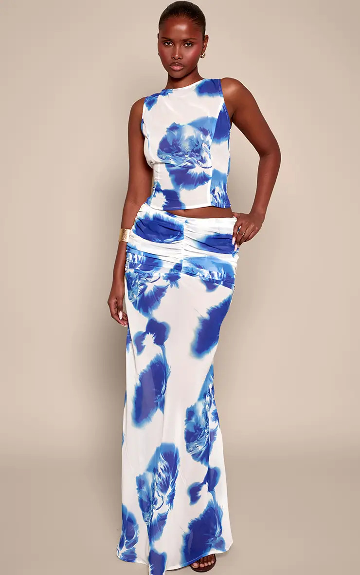 Cobalt PrettyLittleThing Floral Printed Chiffon Racer Neck Top Co-ord | Boohoo | Boohoo.com (UK & IE)