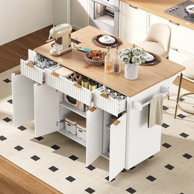 Whisen 55.5" Fluted Kitchen Island Cart, Rolling Island Table with Drop Leaf, 4 Doors and 3 Drawers - White | Target