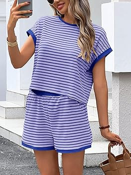 Tankaneo Womens Summer 2 Piece Sets Striped Short Sleeve T Shirts and Shorts Loungewear Matching ... | Amazon (US)