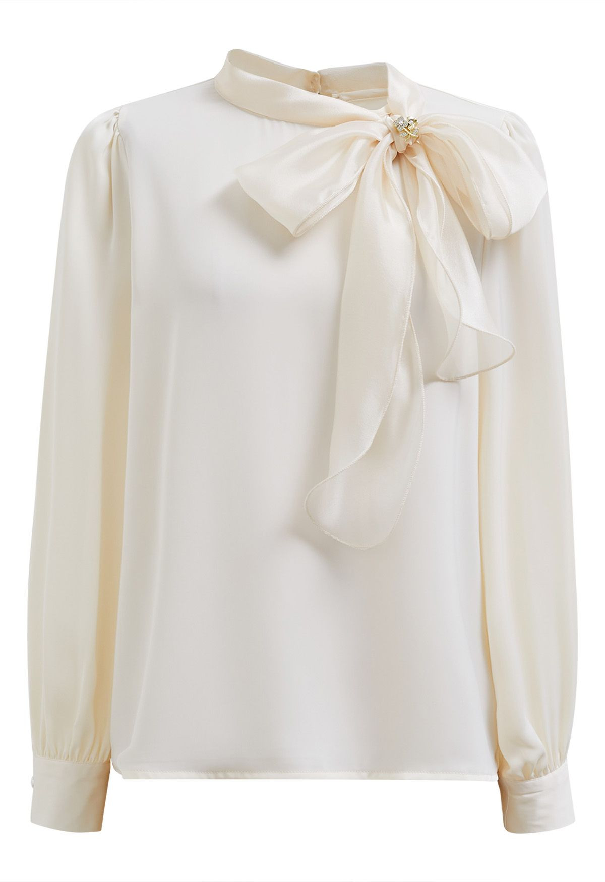 Self-Tie Bowknot Floral Brooch Satin Shirt in Cream | Chicwish