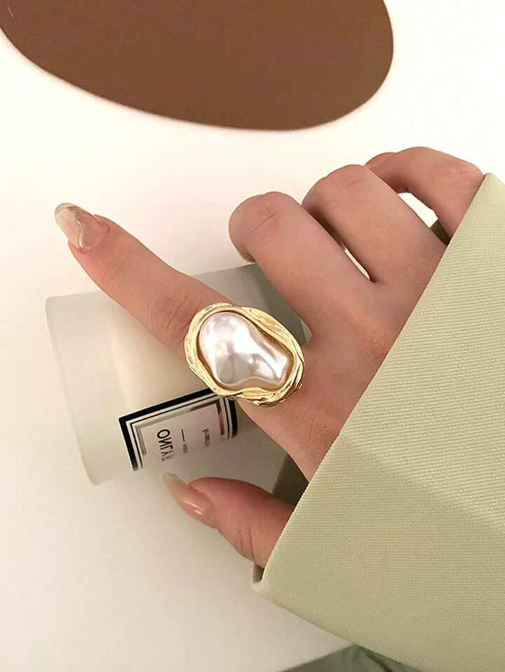 Vintage French Style Asymmetric Pearl Ring, Women Exaggerated Index Finger Ring Personalized Fash... | SHEIN