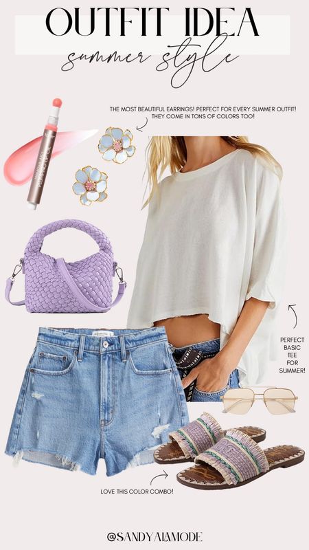Casual colorful summer style | casual cute summer outfit idea | the best high waist denim shorts | purple woven crossbody bag | free people inspired white tee | basic white tee for summer | designer inspired aviator sunglasses | tarte juicy lip | flower statement earrings | colorful raffia slide sandals | summer fashion | simple summer outfit idea 

#LTKSeasonal #LTKStyleTip #LTKFindsUnder100