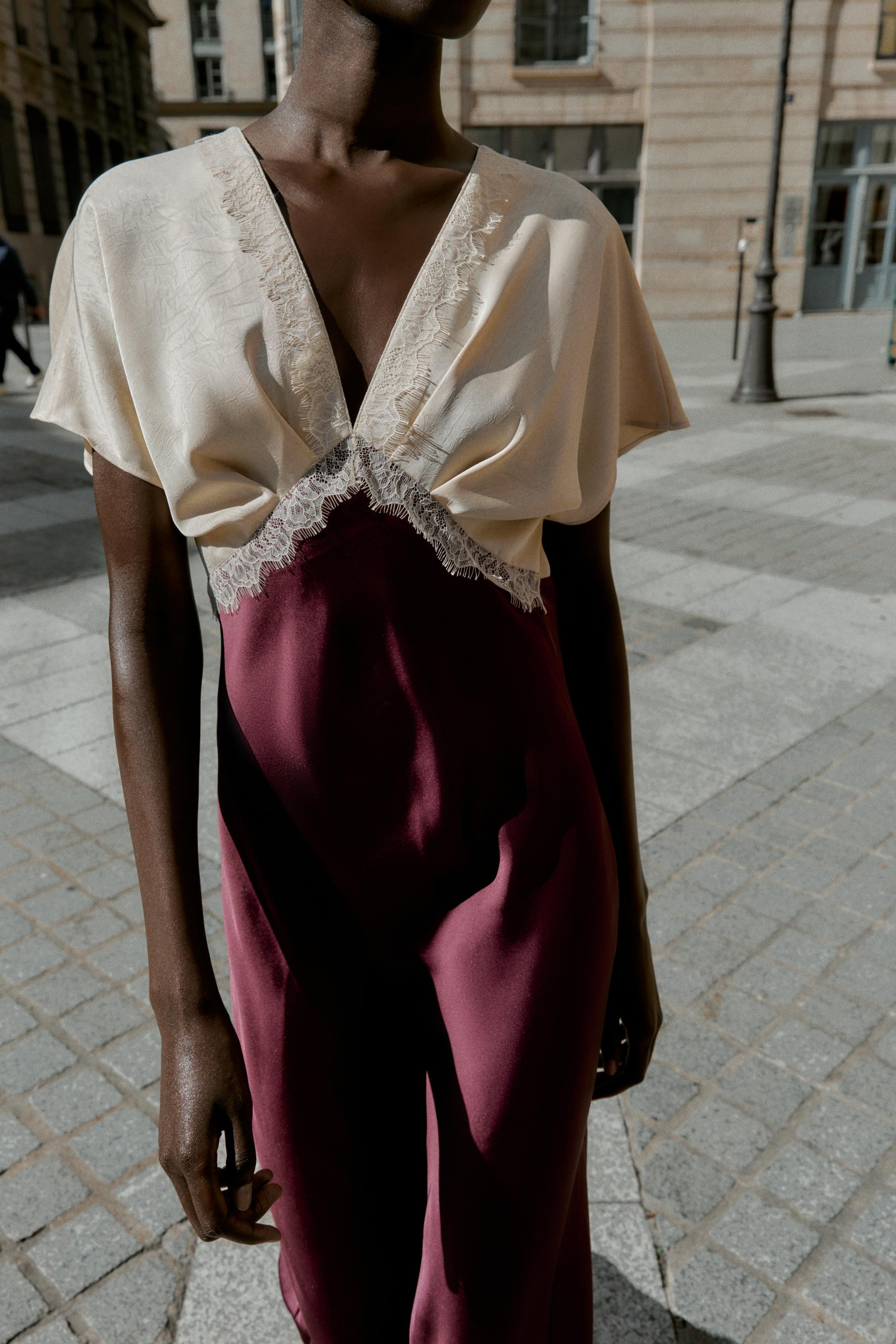 MIDI SATIN EFFECT LACE COMBINATION DRESS | Zara US