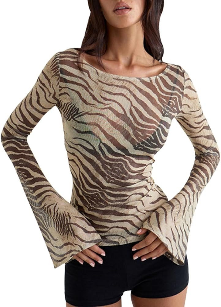 Women's Animal Zebra Print Top Shirt Sheer Tee Crew Neck See Through Y2K Long Sleeve Blouse | Amazon (US)