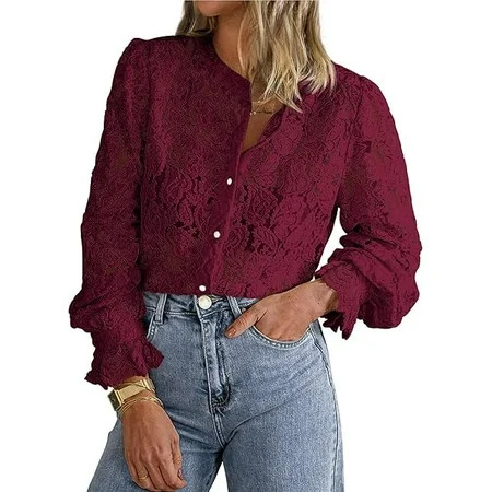 PRETTYGARDEN Women's Dressy Casual Lace Blouse Long Sleeve Button Up Shirts Tops Spring Fall Fashion Clothes | Walmart (US)