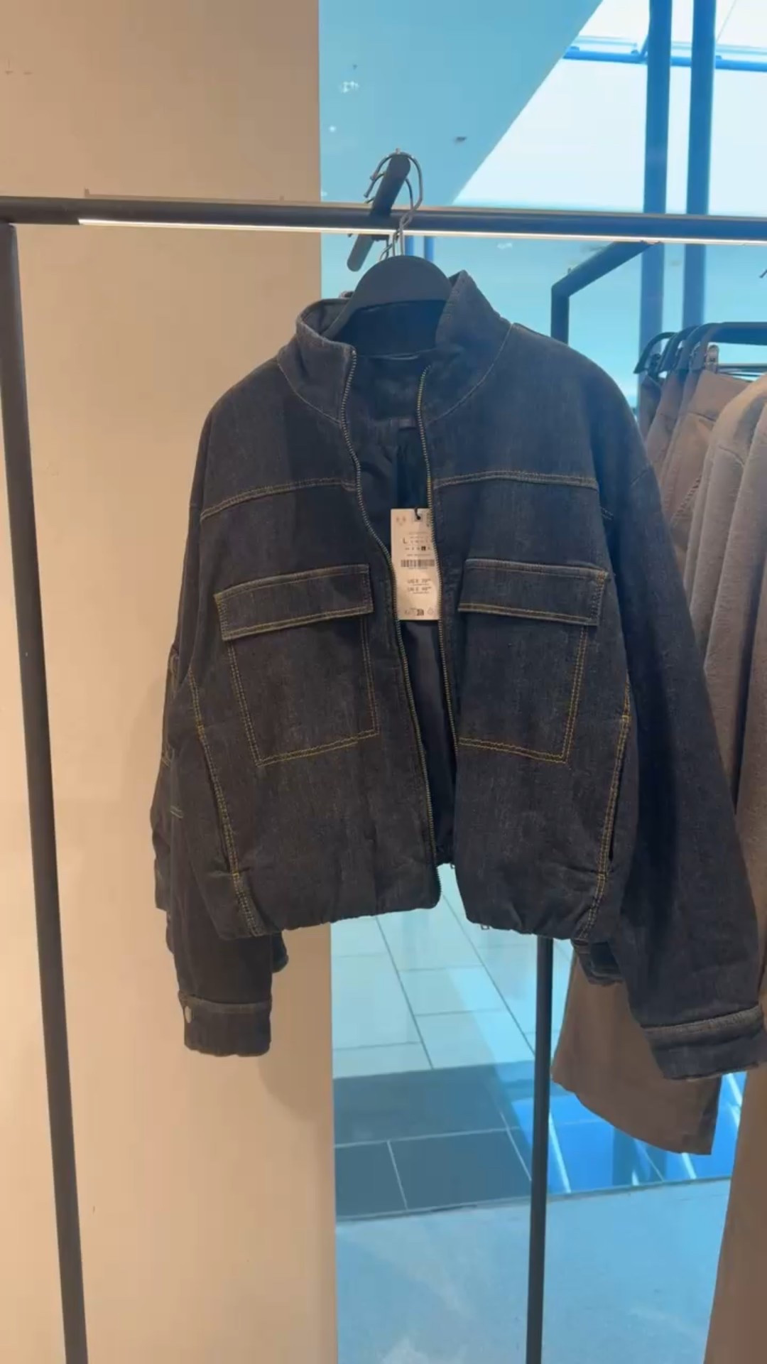 Dark wash denim high collar puffer bomber jacket find!! 

#LTKootd