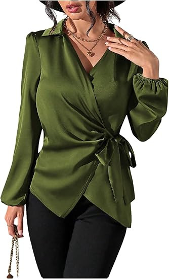 SweatyRocks Women's Wrap Satin Blouse Tie Knot Bishop Long Sleeve Elegant Business Work Shirts | Amazon (US)