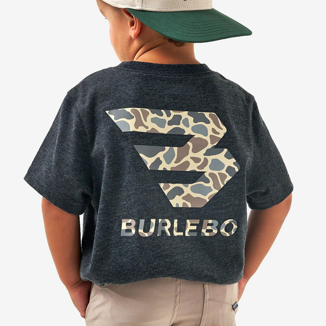 Youth Short Sleeve Tee - Flying B Deer Camo Logo - Heather Black | BURLEBO
