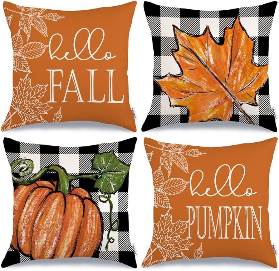 Fall Pillow Covers 18x18 Set of 4 for Fall Decor Buffalo Plaid Pumpkin and Maple Leaves Outdoor P... | Amazon (US)