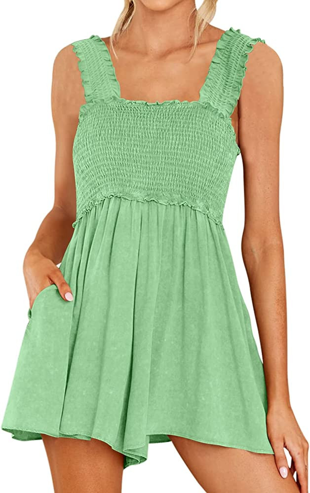DEEP SELF Women Summer Sleeveless Romper Square Collar Ruffle Straps Flowy Short Jumpsuit with Po... | Amazon (US)